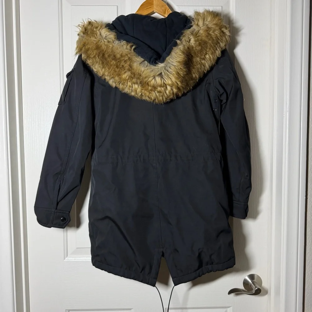 S13 Black Parka Anorak Coat Jacket with Faux Fur Hood Size Small S Neutral Warm